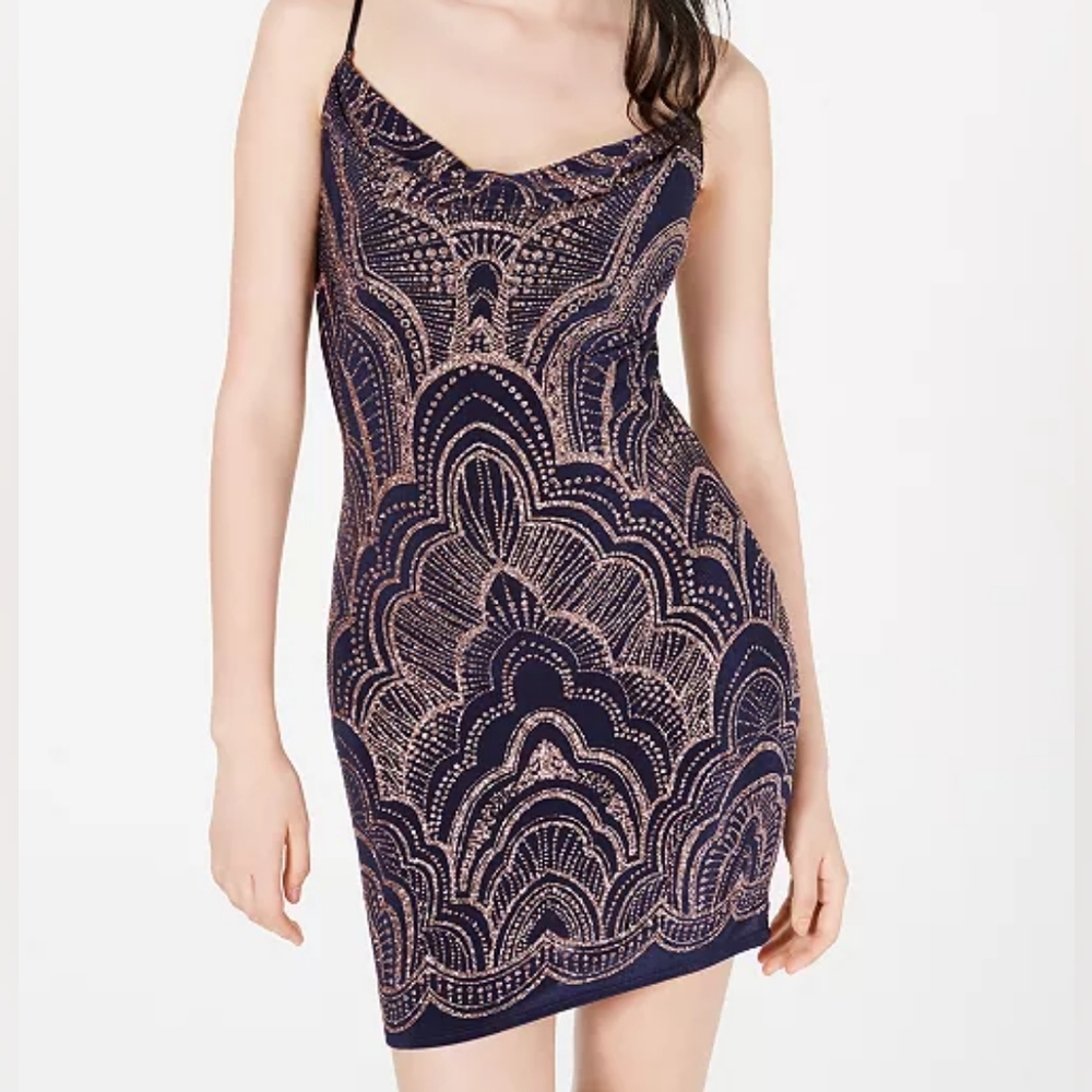 Jump Sleeveless Cowl Neck Art Deco Glitter-Accented Slinky Sheath Dress